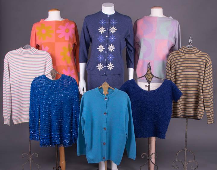 BONNIE CASHIN & GUY LAROCHE SWEATERS, FRANCE & AMERICA: 1960-1980's: 5 cashmere w/ label "Ballantyne, Designed by Bonnie CashinÂ” & Â“Made in Scotland: 1 heather grey & butterscotch striped turtleneck, B 38", L 22"; 1 color block in orange & pink w/