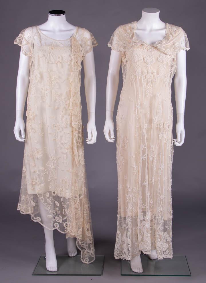 TWO TULLE TAPE LACE TEA GOWNS, 1930s: 1 cotton tulle w/ tape lace appliqués, gathered to left H w/ asymmetrical swag to left front scalloped hem, back side slit gathered to back left H falling to asymmetrical hem line, B 42", W 46", L 46