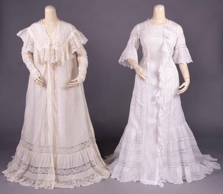 TWO TRAINED BOUDOIR ROBES, c. 1910: 1 silk crepe w/ geometric lace insertions to flounced collar, long ruched Renaissance Beatrix sleeves, CF panels & hem, B 50", W 64", L 58.5"-61", (missing CF closures, holes & small tears in lace hem