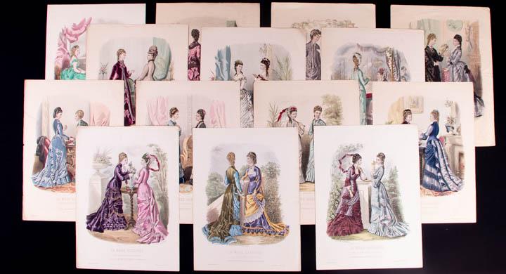 GENEROUS LOT OF ASSORTED FASHION PLATES, FRANCE 1870-77: All hand colored engravings: 7 "La Mode Illustrée", c. 1876, 10.5" x 14.75"; 9 "La Mode Illustrée", c. 1878, 10.5" x 14.75"; 4 "La Mode Illustrée", c. 1877, 10.5" x 14.75"; 1 "Le Coquet", c. 1877, 