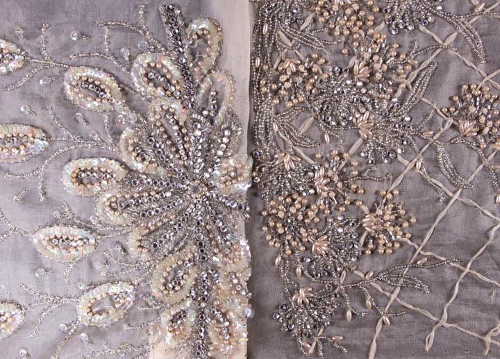 JACK GOLDMAN EMBROIDERY SAMPLES, NEW YORK, 1950s: Wd range 5"-19", L 2.5"-24": 3 w/ sequins, bugle beads, faux pearls, rhinestones on silk organza, (1 w/ 4.75" tear, bead loss & "BACK" inked in corner); 2 neckline samples w/ cup sequins, bugle beads,