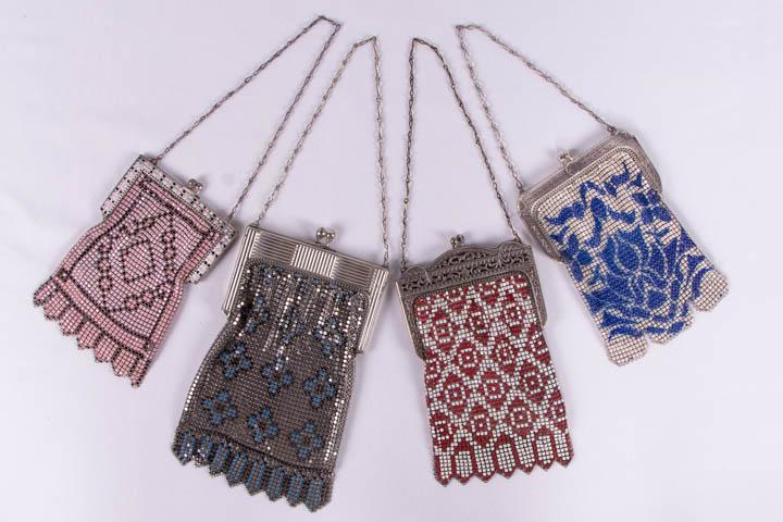 THREE WHITING & DAVIS PAINTED ARMOR MESH BAGS, 1920-30s: All stamped "Whiting & Davis": 1 pink & black w/ pink, black & white mosaic frame, Wd 4", L 5.75", (light chipping to paint, tarnish); 1 blue & white w/ embossed frame, Wd 4", L 5.75", (frame & chain 