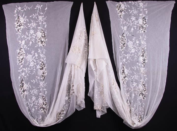 TWO LENGTH OF EMBROIDERED & NEEDLE LACE YARDAGE: 1910-1920s: Both w/ large complex needle lace insertions, French knot embroidery & heavy padded pearl cotton embroidery in entwined branching floral motifs, 1, 38.5" x 183.5", (raw edges); 1, 31.5" x 