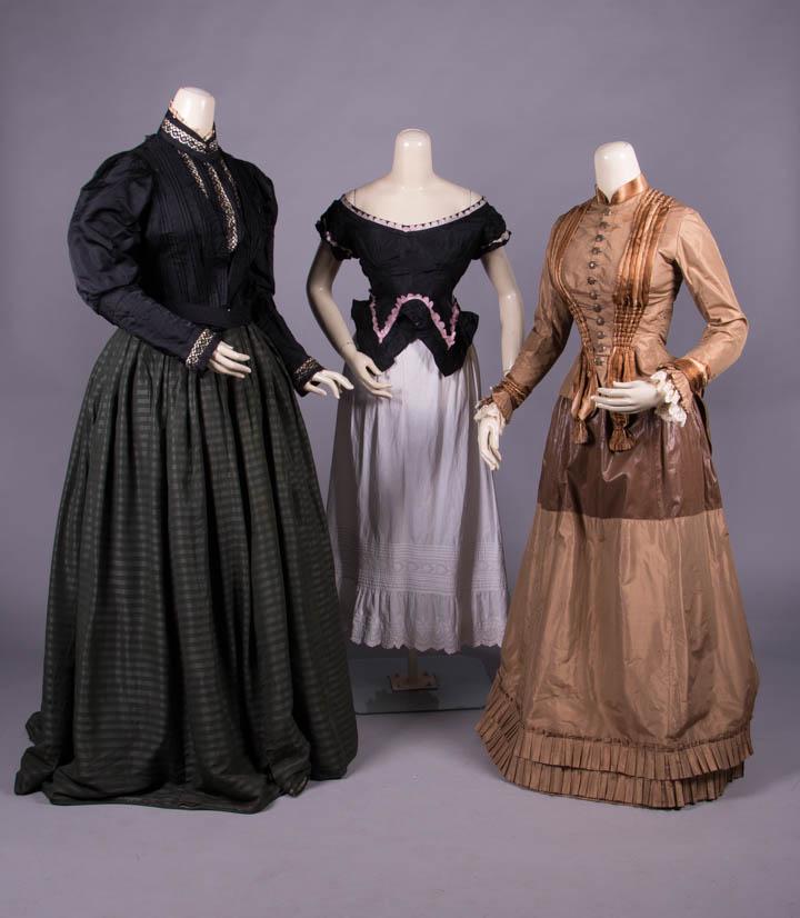 FIVE VICTORIAN & EDWARDIAN SEPARATES, 1850-1900s: 2-pc 1880s nutmeg silk taffeta c/o fitted bodice w/ ombre striped pleated panels ruched at SH & W into front drops w/ ruching & self fringe, B 33", W 22.5", L 20"-28", (underarm stains, tiny stains ba