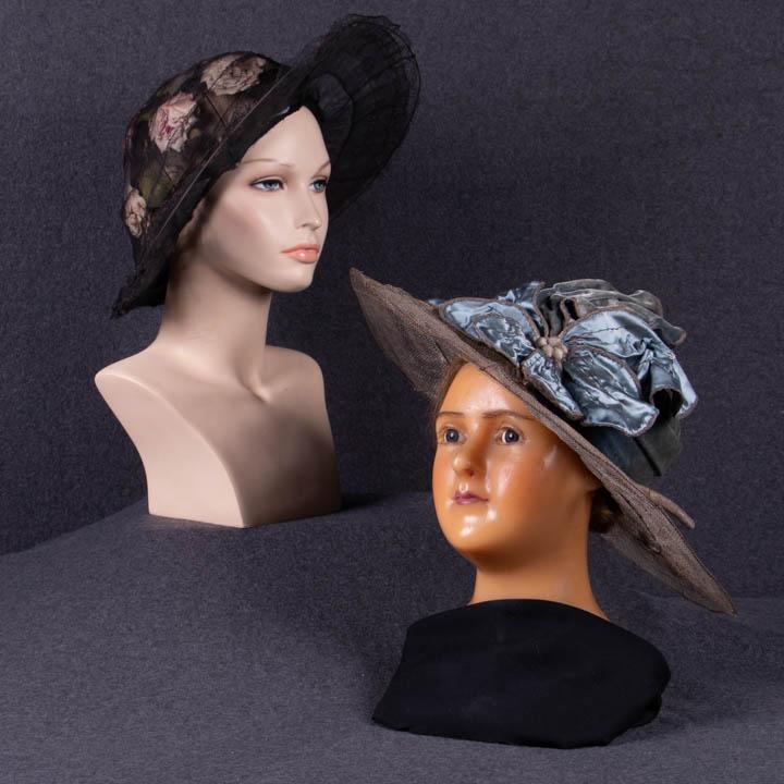 TWO WIRE BRIMMED CARTWHEEL HATS, AMERICA, 1910s: 1 black horsehair lace over black wire, crown w/ silk flowers & embossed petals w/ black horsehair overlay, black silk ribbons at CB, size 7 5/8, circumference 24", Ht 6", (fabric torn & separating fr