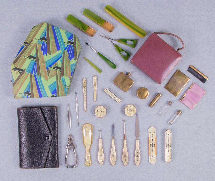 THREE TRAVELING TOILETRY SETS, SAN FRANCISCO: 1 rose leather case w/ lipstick tube, comb, mirror, flask, 2 bottles, compact, notepad & pencil, embossed "Shreve & Company, San Francisco", 4.75" x 4.5" x 1.75", (leather & lining worn, metal tarnish