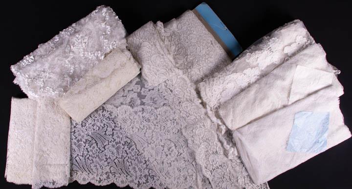 WEDDING LACE YARDAGE, 1950s: 1 white w/ tulip & silver trim, label "Dentelles de Calais, Made in France", Wd 4.25", L 34+ yds, (cut in 3) & 1 unlabeled & same, Wd 4.25", L 13+ yds; 2 lengths w/ sparkly white weave: 1 Wd 12", L 4+