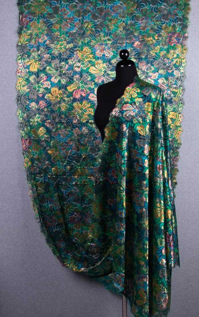 BLUE LEAVERS LACE YARDAGE, FRANCE, EARLY 1950s: 1 metallic multicolored floral brocade on turquoise silk & rayon ground, label "Dentelle de Calais", Wd 37", L 4+ yds; All navy rayon, cotton or silk blends: 3 lengths navy, 1 Wd 21.75", L 4+ yds, 1 W