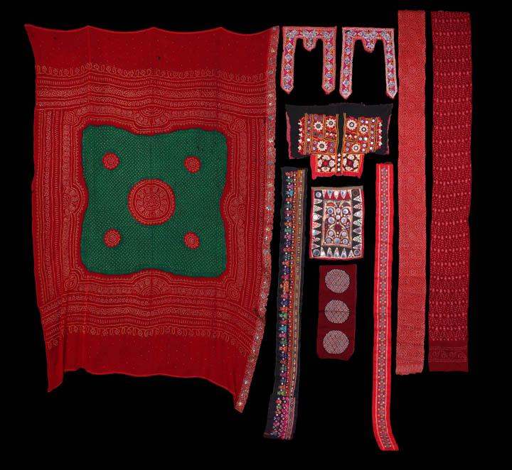 HOUSEHOLD & PERSONAL TEXTILES, INDIA, 19TH & EARLY 20TH: 1 red, green & yellow resist dyed Bandhani Dupatta Khatri w/ geometric bullion, stamped paillettes & flat metallic highlights embroidered over linear & spotted design, Gujarat, early 1900s, 75" x 48",