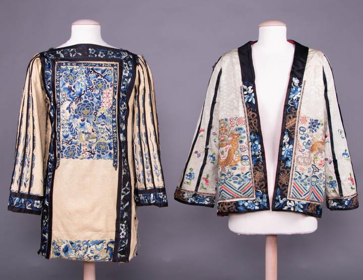 JACKET & TUNIC OF MANDARIN SKIRTS, 19TH C: Both constructed from Mandarin skirts: 1 embroidered jacket w/ couched gold five claw dragon surrounded by auspicious symbols over wave & mountain motif entirely rendered in Peking knot embroidery, B 