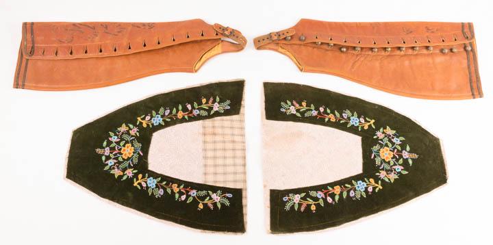 GATORS AND GENTS UNCUT SLIPPERS, 1850 & 1870s: 1 pair of machine sewn camel colored gators w/ Buillion embroidery & dome brass buttons, lined in yellow cotton twill, 1870's, 7.5" x 19.5", (tarnish to buttons & trim, discoloration to leather, bulli
