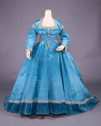 CONVERTIBLE CERULEAN BLUE SILK MOIRE GOWN, c. 1866