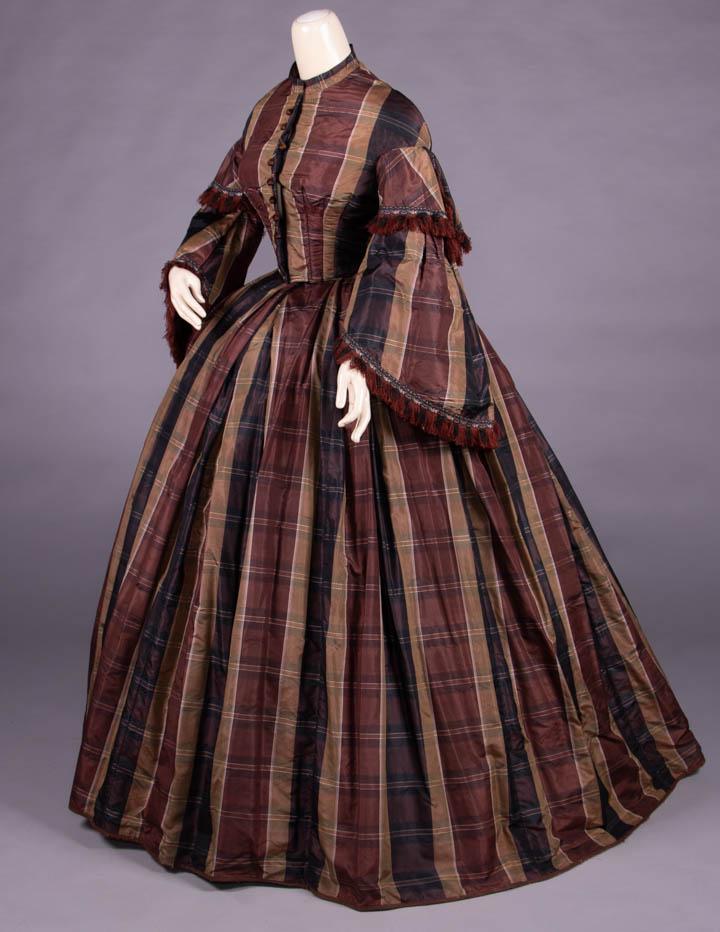 STRIPED PLAID SILK TAFFETA DAY DRESS, c. 1860 (1 of 10)