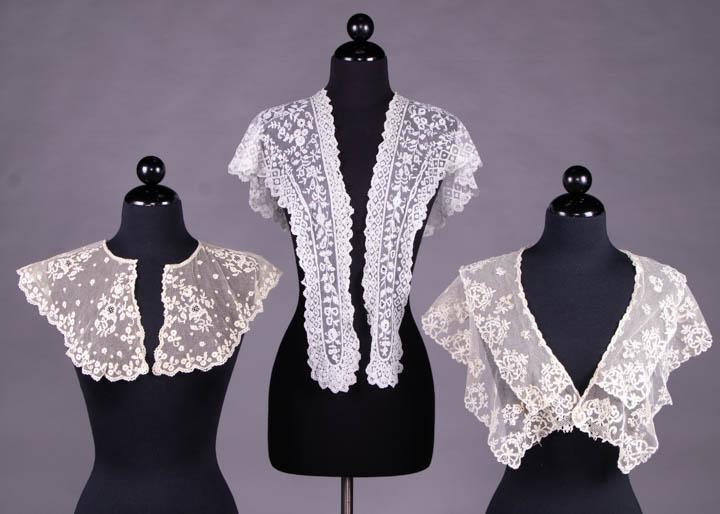 THREE BOBBIN LACE APPLIQUÉ ACCESSORIES, 1840s: 1 ecru deep collar w/ bobbin lace appliqué & needlelace filings & scalloped edge, Wd 8", L 35.5", (tiny spot stains & holes, two 0.25" spot stains near right edge) very good; 1 bobbin & tape lace app
