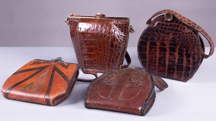 TWO TOOLED LEATHER & TWO ALLIGATOR PURSES, 1914-1940s (1 of 10)