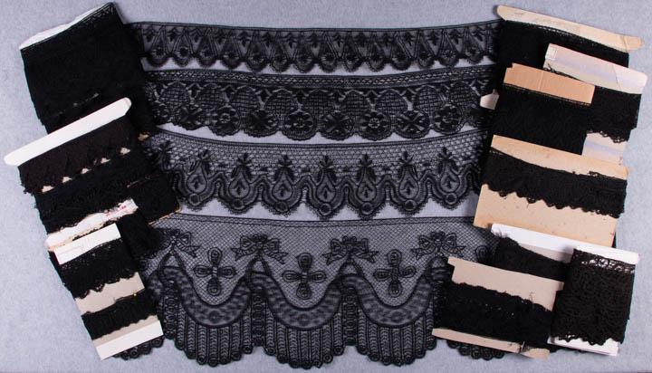 BLACK MALTESE BOBBIN LACE YARDAGE, LATE 19TH C: All handmade Maltese bobbin lace in various widths & yardage, Wd range 1.5"-11.5", L range 35.75"-474": 1 in sidewinder pattern, (0.5 tear near center); 1 w/ Van Dyke edge, (2 lengths); 1 geometric w/