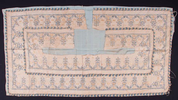 EMBROIDERED FURNISHING FRAGMENT, ITALY OR SPAIN, c 1600: Silk embroidered furnishing border fragment in blue & cream silk double running stitch & stain stitch linen w/ blue & cream silk woven passementerie, from The Florence Colgate Speranza Collection, mou