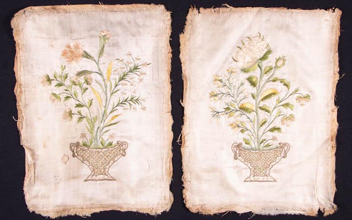 TWO SILK & METALLIC THREAD EMBROIDERED PANELS, 18TH C (1 of 8)