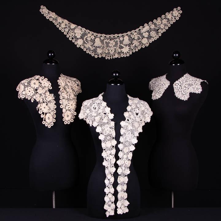 FOUR IRISH CROCHET COLLARS, 1890s: 1 heavy linen Irish crochet collar edged w/ thread donut buttons, WD 3.5”-6.5”, L 44”, (broken brides, scattered tiny pulls/fraying) very good; 1 small Renaissance inspired collar w/ Van Dyke ed