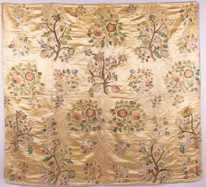 EMBROIDERED SILK BED COVERING, EARLY-MID 18TH C (1 of 10)