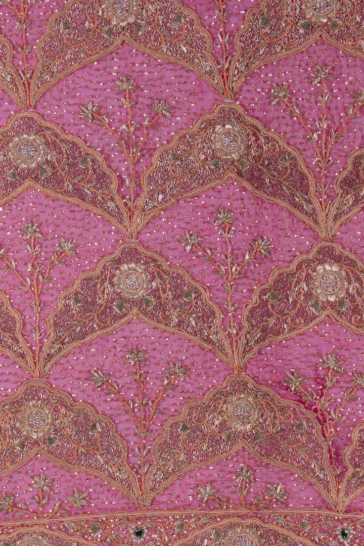 SILVER & GILT EMBROIDERED WEDDING DUPATTA, INDIA, 20TH: Sheer red silk w/ silver, gilt & bullion embroidery w/ facetted sequins, pearlized beads & paste emeralds, edged w/ silver fringe, 41" x 96", (fringe messy & very worn, wear & tarnish to embroidery, 3