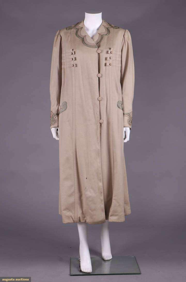 MILITARY INSPIRED LADIES BROADCLOTH COAT, c. 1915: 1 taupe fine wool broadcloth, scalloped collar, cuffs & pockets edged w/ silk faux military braid & multiple rows of soutache, asymmetrical front closure w/ cloth covered buttons, stylized fabric faux