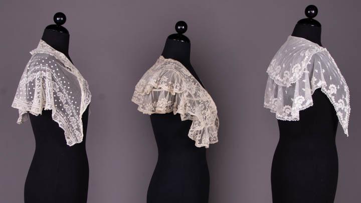 THREE BERTHAS OR PELERINES, 1830s-1890s: 1 w/ hand embroidered tambour florals & 2 rows of ruffles, 1890s, Wd 9", L 39.5", (very light discoloration) excellent; 1 turn back collar & pointed CF & CB to be gathered into W w/ hand embroidered t