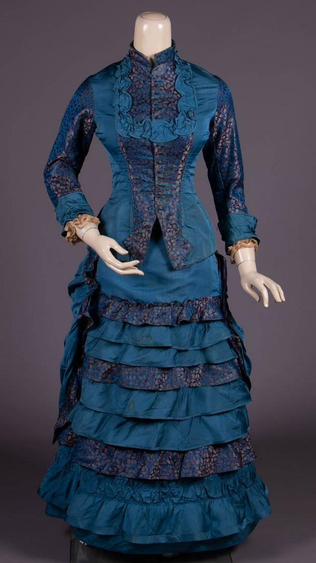 PRUSSIAN BLUE FAILLE & PATTERNED SILK DAY DRESS, 1878 (1 of 10)