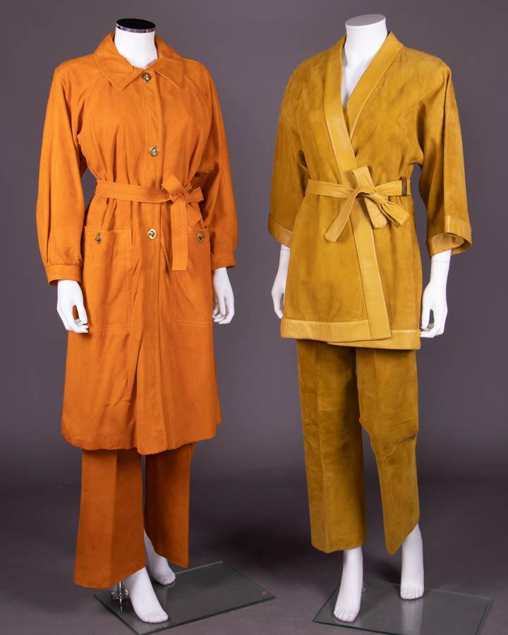 TWO BONNIE CASHIN SUEDE ENSEMBLES, AMERICA, 1968-1980: Both w/ label "Sills, A Bonnie Cashin Design": 1 turmeric suede ensemble c/o self-belted trench coat & matching trousers w/ brass toggle closures at CF, pockets & at W closures on pants, 1969-1972, co