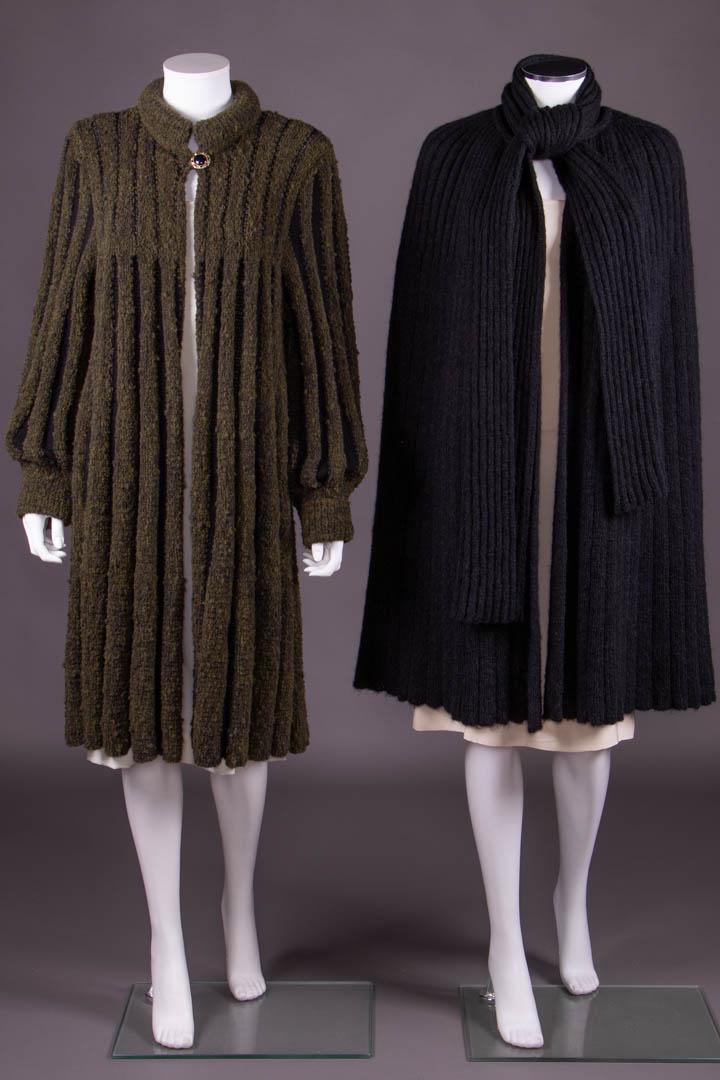 TWO MISSONI KNIT GARMENTS, ITALY, 1960-1970s: Both inspired by 15th C organ pleated capes: 1 merino wool knit coat in olive green bouclÃ© & black mesh worked into graduated ribs flaring from yoke & gathered over B & cuffs, label "Missoni", open