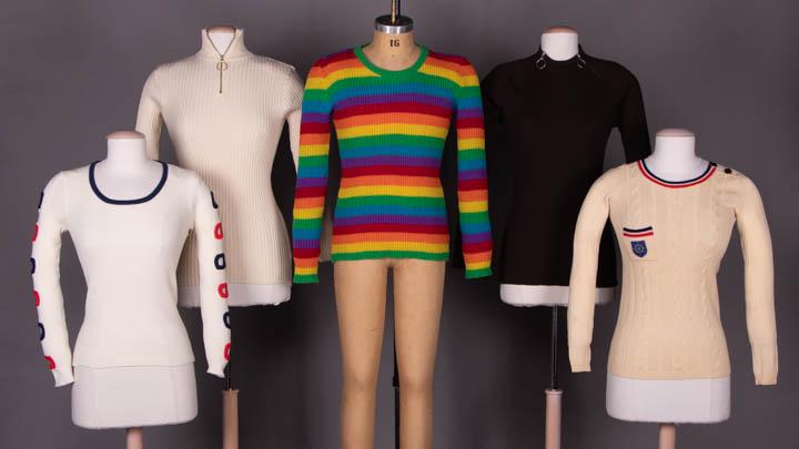 FIVE ECLECTIC SWEATERS, USA, ITALY & TAIWAN, 1960-1970s: 1 cream synthetic w/ blue & red cutouts, â€œMade in Taiwan”, c. 1977, B 22"-28", W 21"-26", L 22.5", (2.5"x1.25" stain left sleeve, 0.25" hole left cuff); 1 cream wool ribbed turtleneck w/ c