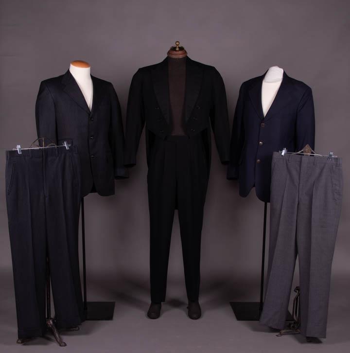 BENNETT KORN SUIT SEPARATES, AMERICA, EARLY 1960s: All w/ label "label "Styled for Bennett H. Korn”, lawyer for the Los Vegas Rat Pack: 1 wool black & grey pinstripe suit, silk satin lining, label "Bennett H. Korn", CH 43", L 31", SH-SH 19", tro