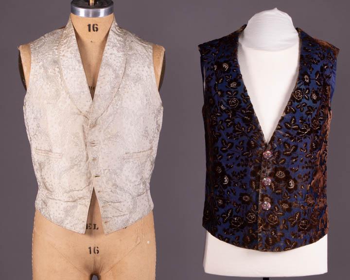 TWO SILK WAISTCOATS, AMERICA, 1840-1850s: 1 in raised stylized garland & spot patterned cream silk satin ground, extremely fine hand tailoring, padded chest, 1840s, CH 36", W 29", L 19"-21", (missing buttons, spot stains/discoloration, 4" sta