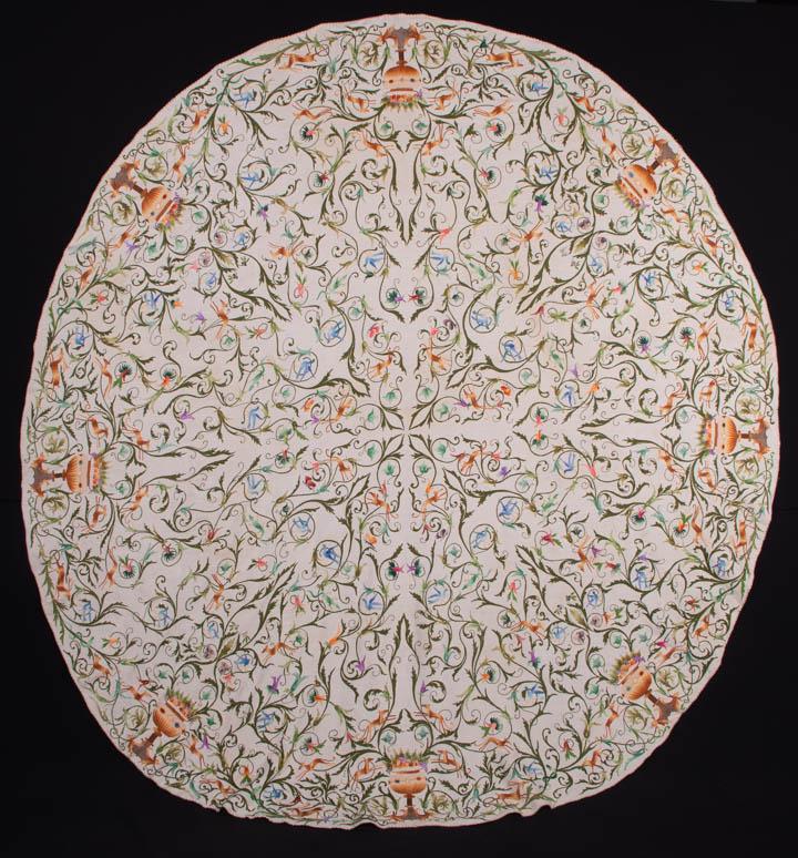 ELABORATELY EMBROIDERED TABLE COVERING, PORTUGUESE: Silk embroidered table covering w/ fruit laden challis, scrolling leaf, bird, deer & hunting dog motif, early 20th C, 86" x 82.5", (smelly, light discoloration, wear) excellent.