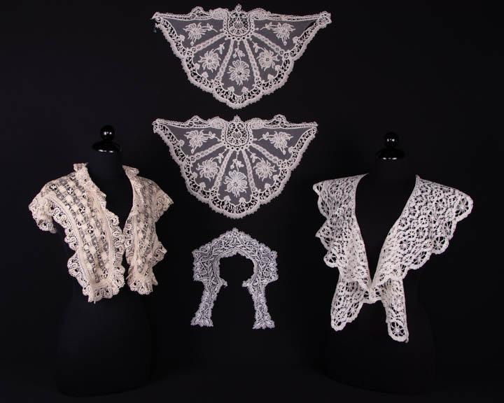 BOBBIN LACE & NEEDLEWORK COLLARS & INSERTIONS: Late 19th C, 2 matching bobbin, needle lace & tape lace appliquÃ©d on net scallop shell shaped insertions, late 19th C, both tip-tip 21”-22.5”, Wd 13.5", (0.25"-2" seam openings, discolo