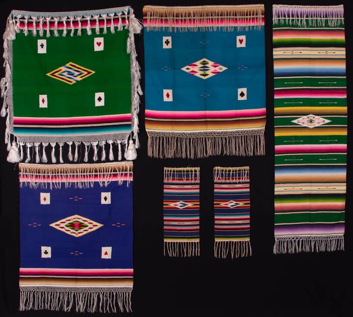 RARE SALTILLO CARD TABLE COVERS & RUNNERS, 1930-1940s: All wool & cotton & w/ knotted warp fringe: 3 card table coverings w/ silk & wool suits in corners: 1 green, 31" x 32" w/ 6.5" fringe, (fringe very worn), 1 blue, 31.25" x 29.75" w/ 6.5" fringe, 1 tea