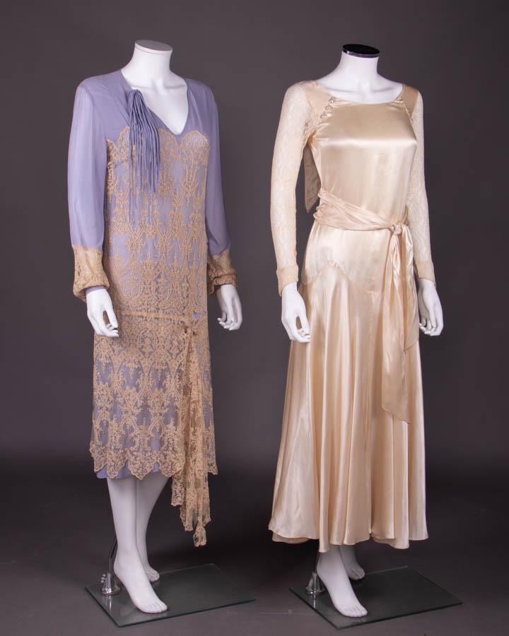 ONE DAY & ONE EVENING DRESS, LATE 1920-EARLY 1930s: 1 lavender silk crepe de chine day dress w/ embroidered net overlay & cuff insertions, handkerchief hem drop, B 39", W 36" L 44"-55", (tassel detached & worn, crepe de chine structurally sound, net ve