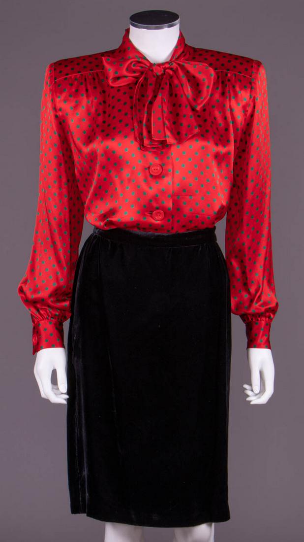 GIVENCHY PRÃŠT-A-PORTET BLOUSE & SKIRT, PARIS, 1980s: Both label "Boutique Givenchy, Made in France, Paris": 1 silk satin buccaneer blouse in forest green polka dot on scarlet ground w/ attached band collar into extended ties, front yoke SH, deep inverte
