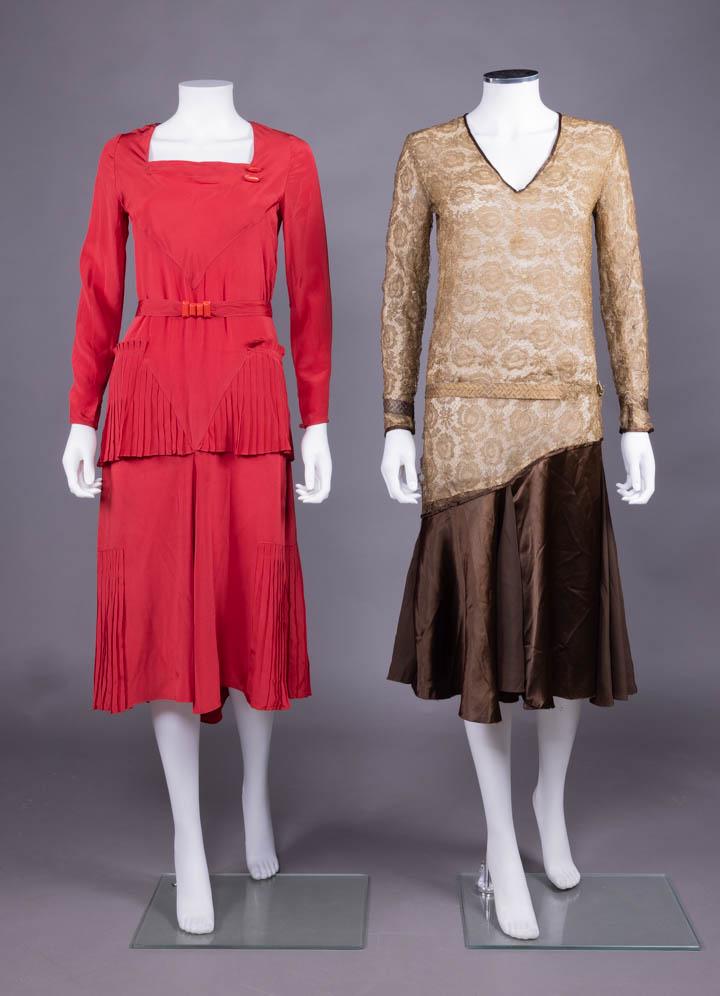 ONE DAY & ONE EVENING DRESS, 1920s: 1 vermillion red silk long sleeved day dress w/ square neckline w/ horizontal pleats, knife pleated applied & inserted peplum inserted knife pleated SS panels, left B & self-belt w/ dyed Bakelite beze