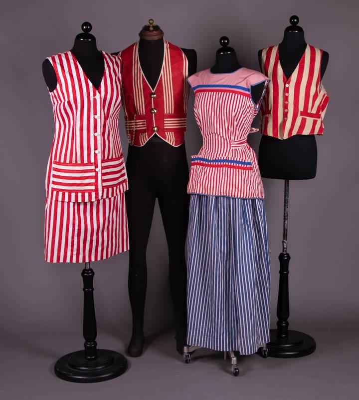 PATRIOTIC BARBEQUE ENSEMBLES, AMERICA, c. 1948 & 1960s: 2-pc red & white striped ensemble c/o vest & skirt, patch pockets, CF ball button closure, B 41", L 28.5", skirt W 31.5", (tiny-0.25" spot stains, 0.25"-1" holes back); 1 striped bib front vest w/ 3 b