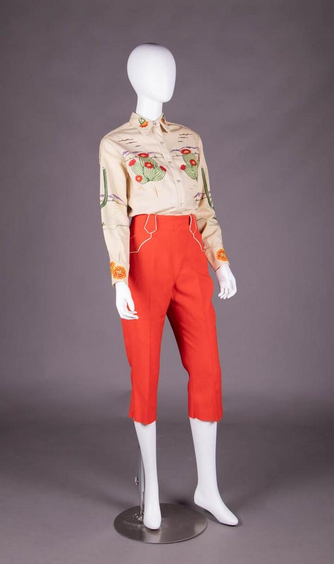 REX BELL WALKING BOX BRAND ENSEMBLE, NEVADA, c. 1950: Cream wool gabardine twill woven shirt w/ chainstitch embroidered southwestern blooming saguaro & barrel cacti accented w/ green & brown rhinestones on purple mountains majesty desert scene, piped col