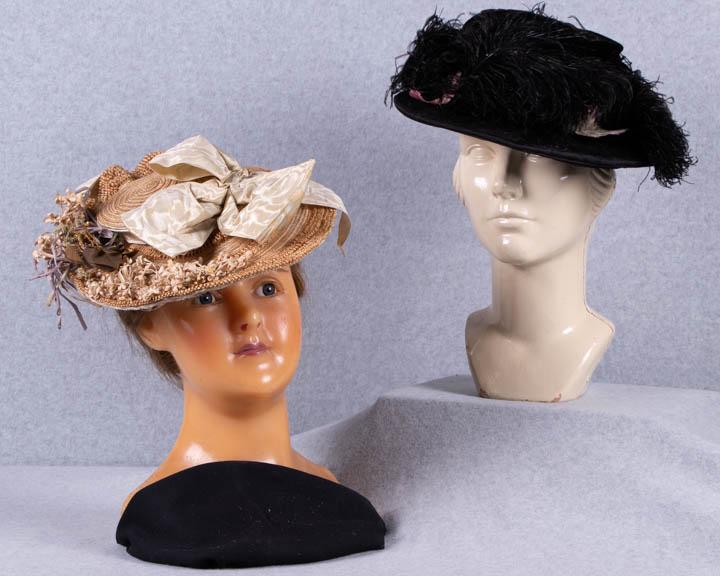 TWO LADIES BRIMMED & EMBELLISHED HATS, MASS., 1890-1900: 1 straw & horsehair garden hat w/ extended brim & pleated straw CB detail, patterned ribbed silk ribbon, cloth florals & tendrils, 11.5" x 10.5", depth 2", (tiny holes & spot stains to ribbon, coverin
