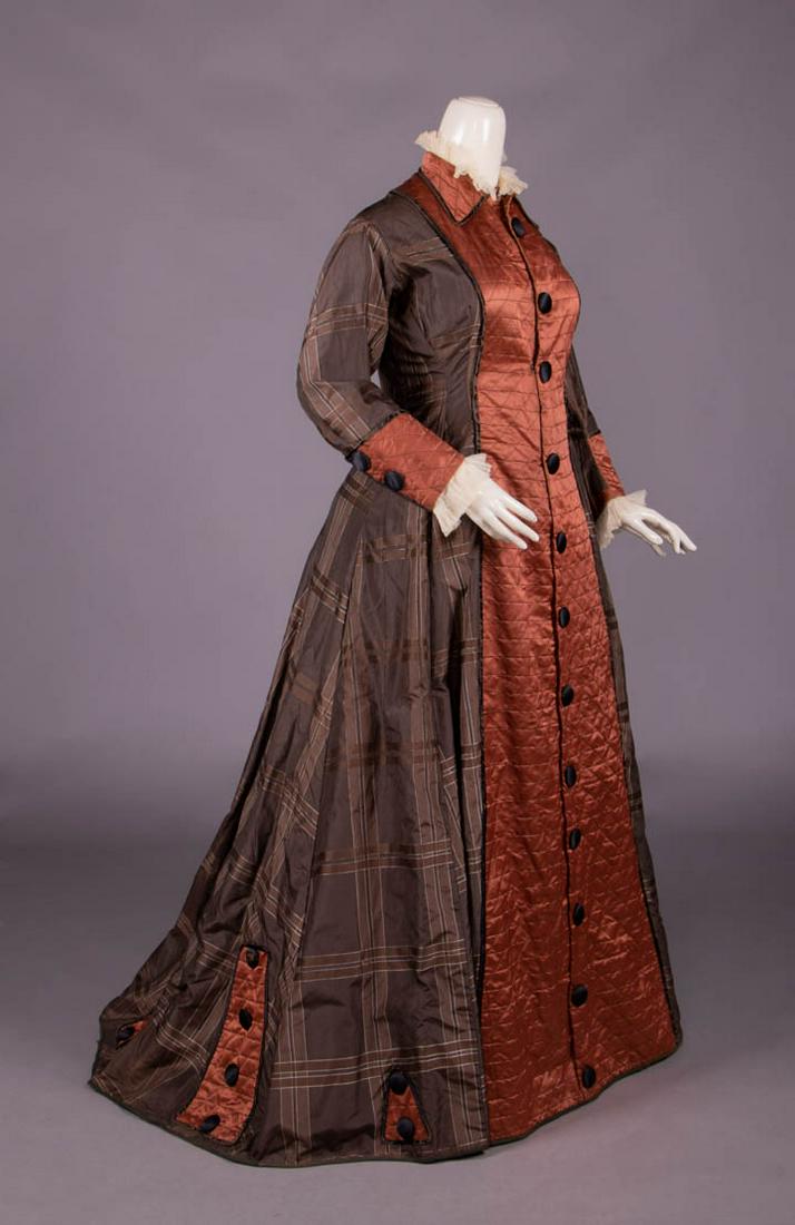 PLAID & QUILTED CINNAMON SILK WRAPPER, c. 1864 (1 of 10)