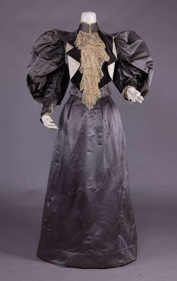 GREY SILK SATIN & VELVET DINNER DRESS, c. 1895 (1 of 8)