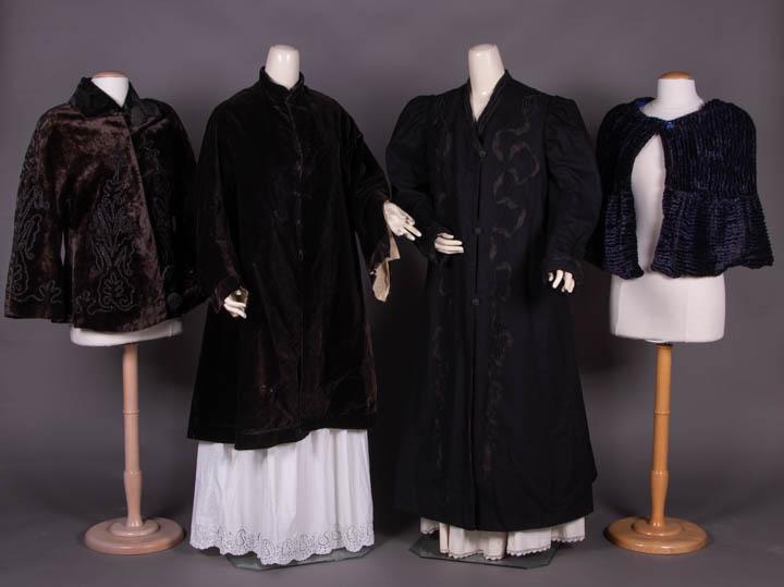 FOUR SILK OR WOOL OUTWEAR GARMENTS, 1908-1930s: 1 midnight aubergine plush jacket w/ appliquÃ© tape lace & beading, lined in robins egg floral patterned silk, B 33", W 39", L 27.5", (bead loss, cord/button wear, lining detaching hem & cuffs & rep