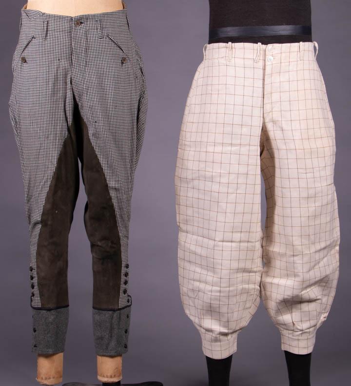 TWO MANS SPORTING BREECHES, 1910-1925: 1 pair black & white wool tattersall check jodhpurs w/ button fly, diagonal piped pockets & watch pocket, suede leather inseam & seat panels, button cuffs w/ wool flannel boot insert, W 29.5", L 35"-4