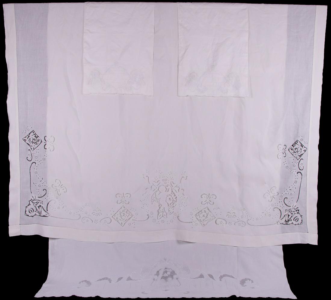 SET OF 18TH C REVIVAL EMBROIDERED BED CLOTHES, EARLY 20TH C (1 of 9)