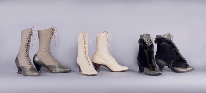 THREE PAIR LADY'S HIGH LACED BOOTS & SPATS, AMERICA, 1900-1910s: 1 pair grey leather & twill cotton, Ht 11", Wd 3", L 10.5", size 6.5, (leather creased, wear/stains); 1 pair cream leather, Ht 10.5", Wd 3", L 10.5", size 6.5, (facing fraying/dirty, soles very worn/p