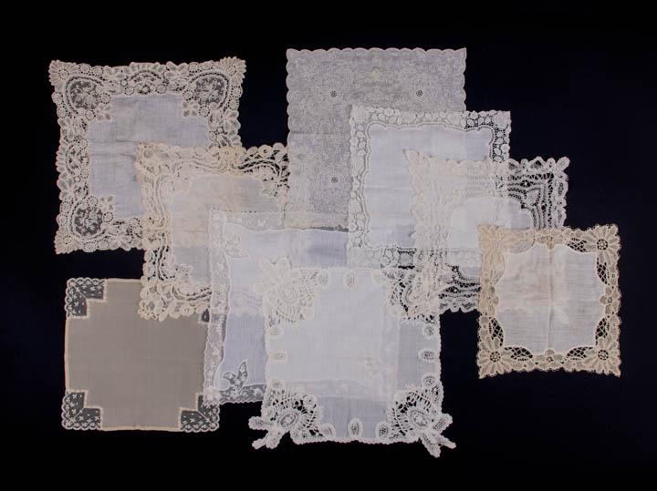 NINE FINE LACE & EMBROIDERED HANDKERCHIEFS, 1890-1920s: All most linen w/ range 9.5"-12.5" x 9.5"-12": 1 crepe chiffon w/ embroidered net corners, (few light spot stains); 1 larger linen w/ tape lace, (few tiny holes/spot stains); 1 linen w/ Brussels mixed