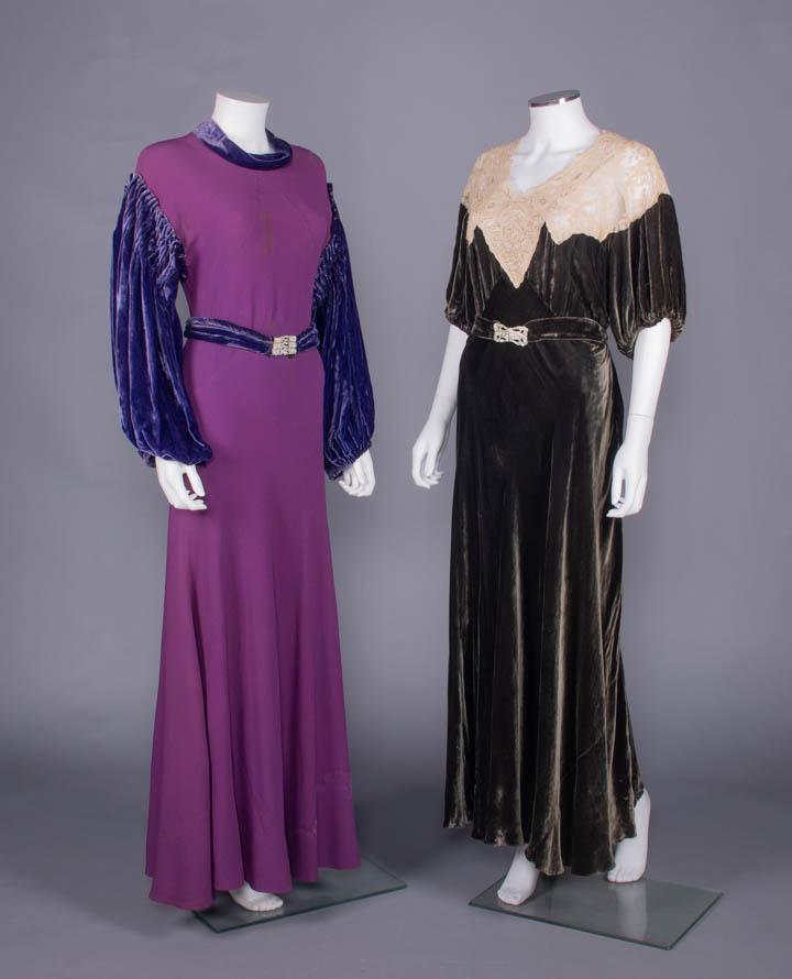 TWO CREPE & VELVET EVENING DRESSES, 1930s (1 of 12)